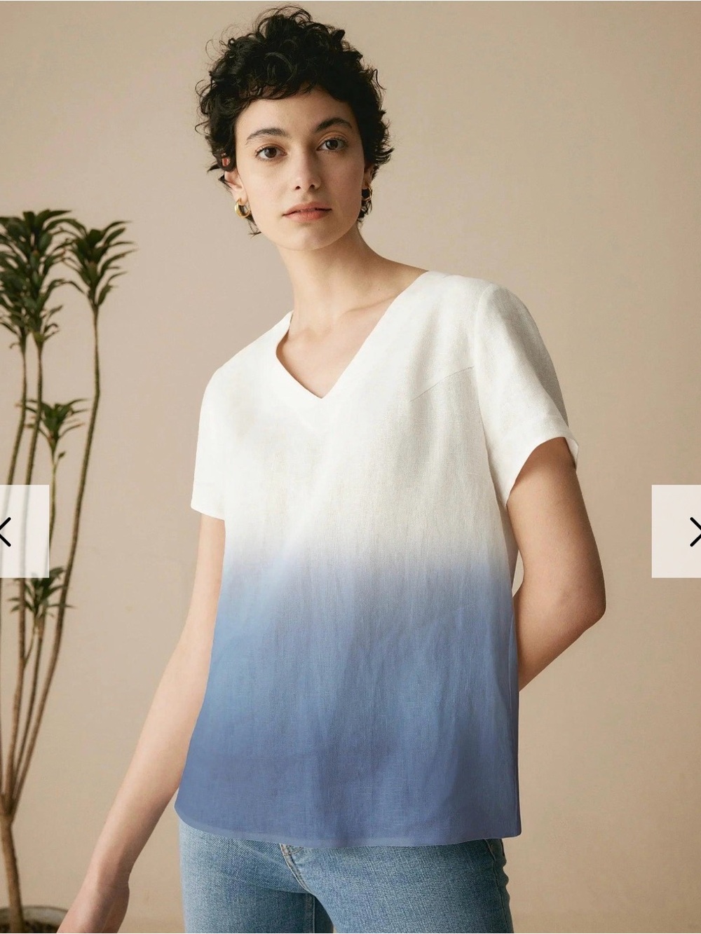 100% linen V Neck Ombre Short-Sleeve Tunic Top - White to Blue